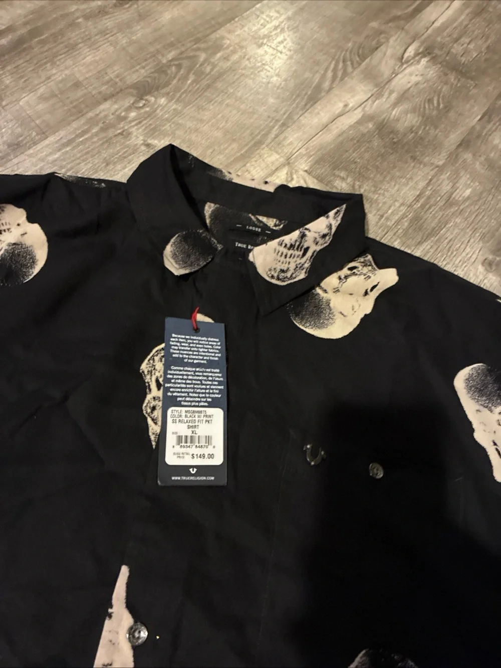 True Religion Skull 💀 Heads Print Collar Black Button Up Short Sleeve Shirt XL